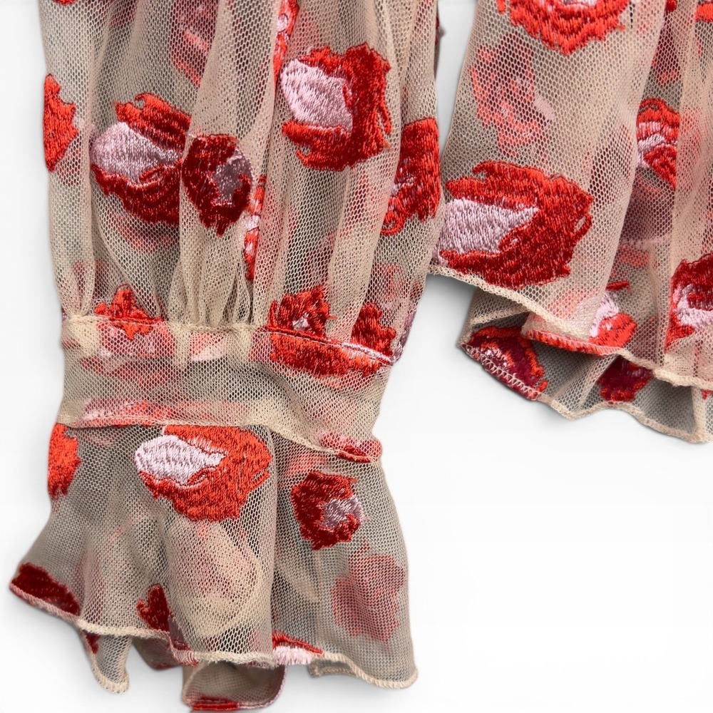 Eva Franco Cheetah Rose Mesh Blouse M Tan Red Embroidered Tie Cuff Art to Wear - Picture 9 of 9